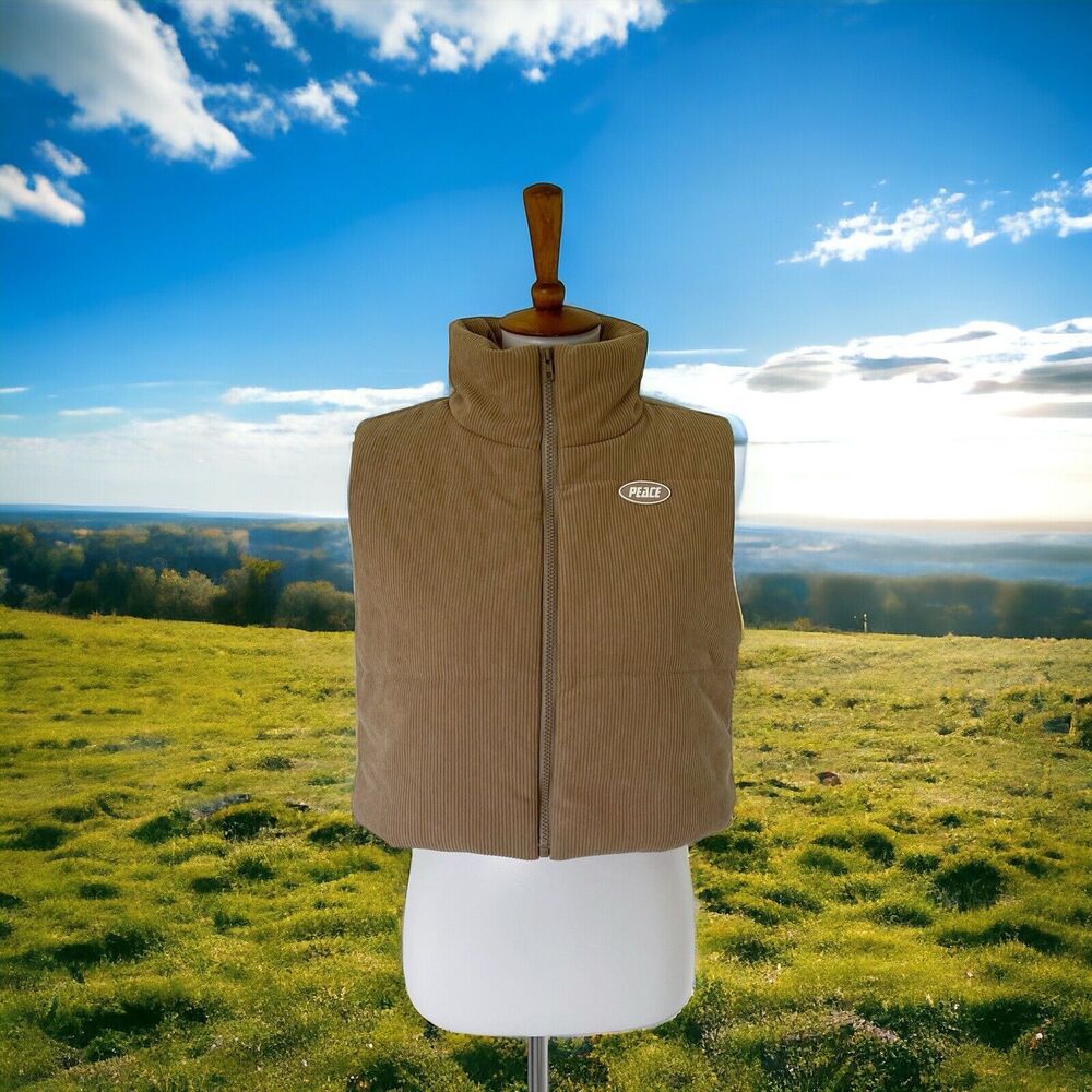 Retro 90s/Y2K Grunge Skater Cyber Corduroy Peace Tan Brown Vest Women's S Small